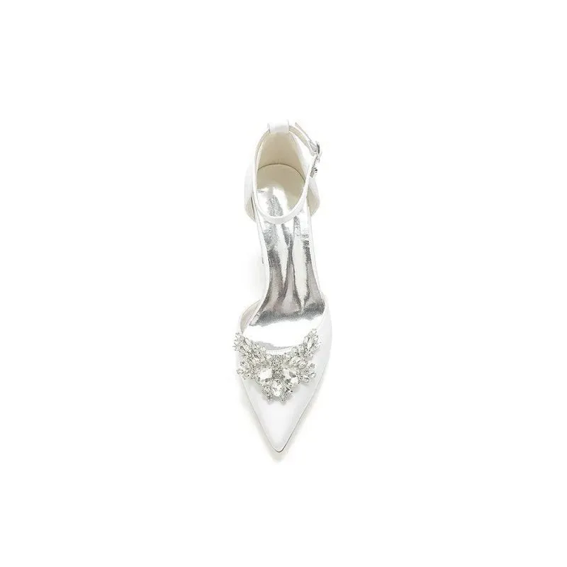 Rhinestone Pointed Toe Ankle Strap Satin Chunky Heel