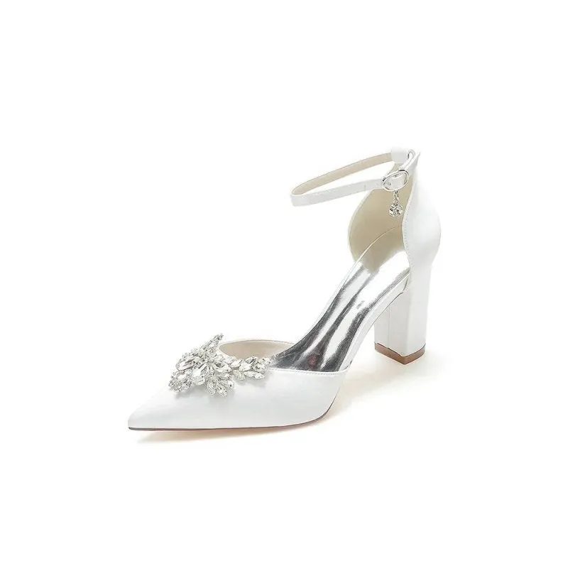 Rhinestone Pointed Toe Ankle Strap Satin Chunky Heel
