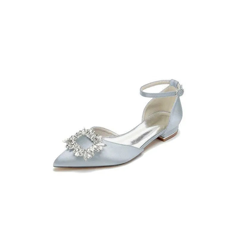 Rhinestone Pointed Toe Ankle Strap Satin Kitten Heels