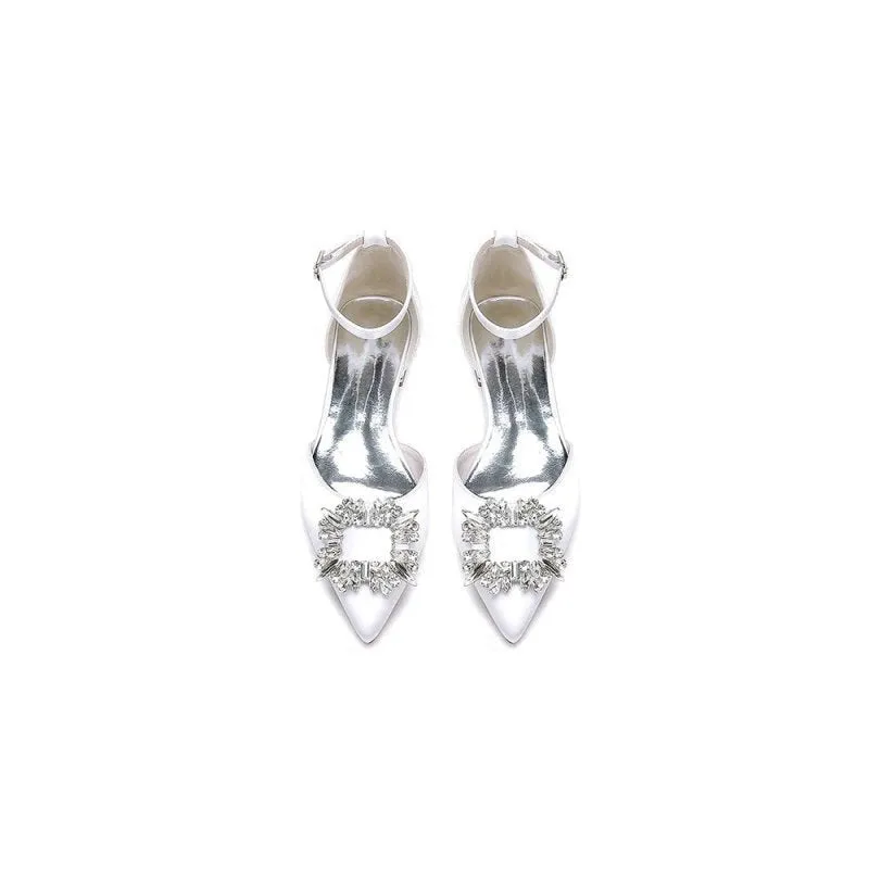 Rhinestone Pointed Toe Ankle Strap Satin Kitten Heels