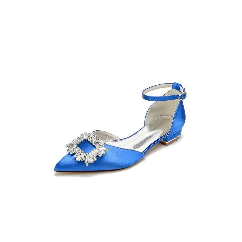 Rhinestone Pointed Toe Ankle Strap Satin Kitten Heels