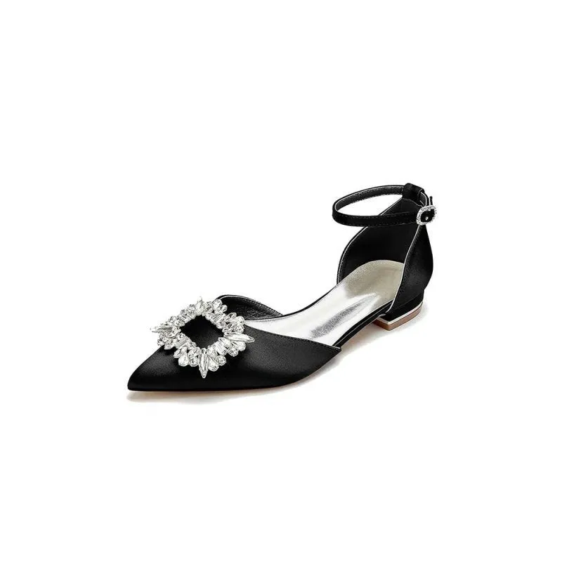 Rhinestone Pointed Toe Ankle Strap Satin Kitten Heels