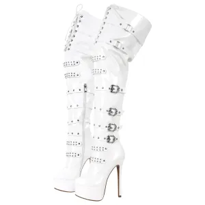 richealnini Womens Platform Heel Thigh High Boots Zip Up Over the Knee High Boots Front Lace Up Stiletto Heel Buckles Chains Rivets Ornamented Punk Motorcycle Club Outside Combat Boots White Size 7