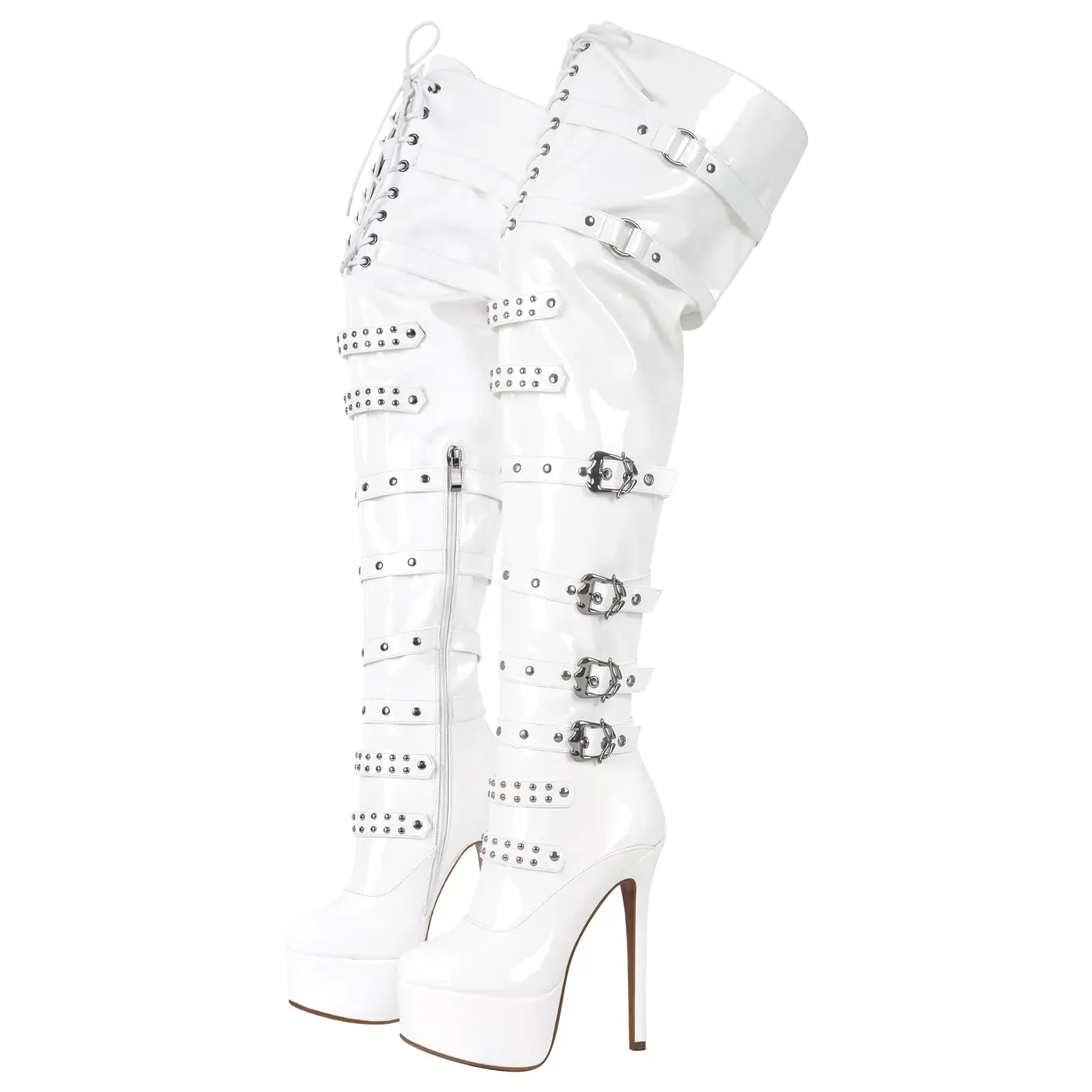 richealnini Womens Platform Heel Thigh High Boots Zip Up Over the Knee High Boots Front Lace Up Stiletto Heel Buckles Chains Rivets Ornamented Punk Motorcycle Club Outside Combat Boots White Size 7