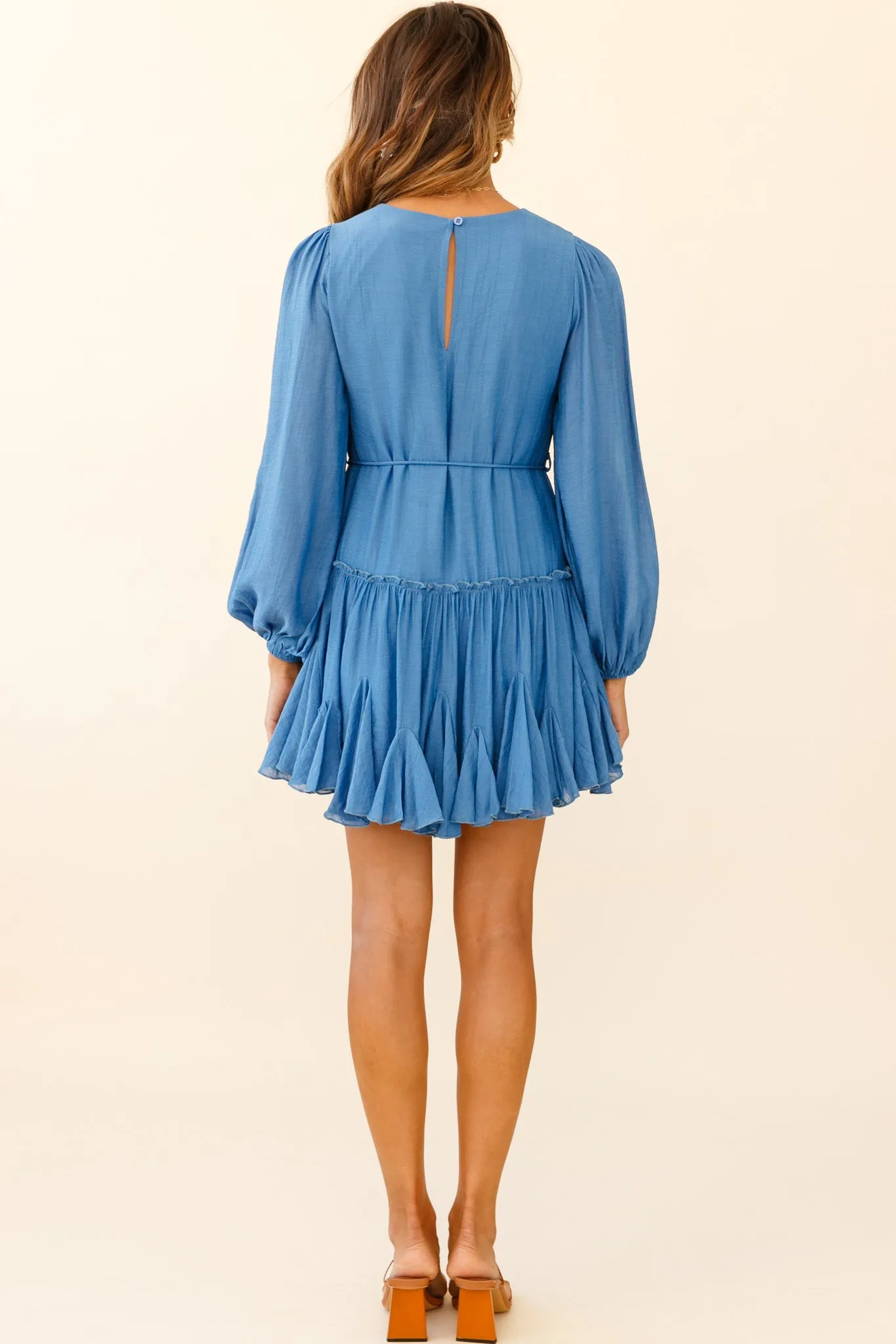 Rosabel Balloon Sleeve Fluted Hem Dress Denim Blue
