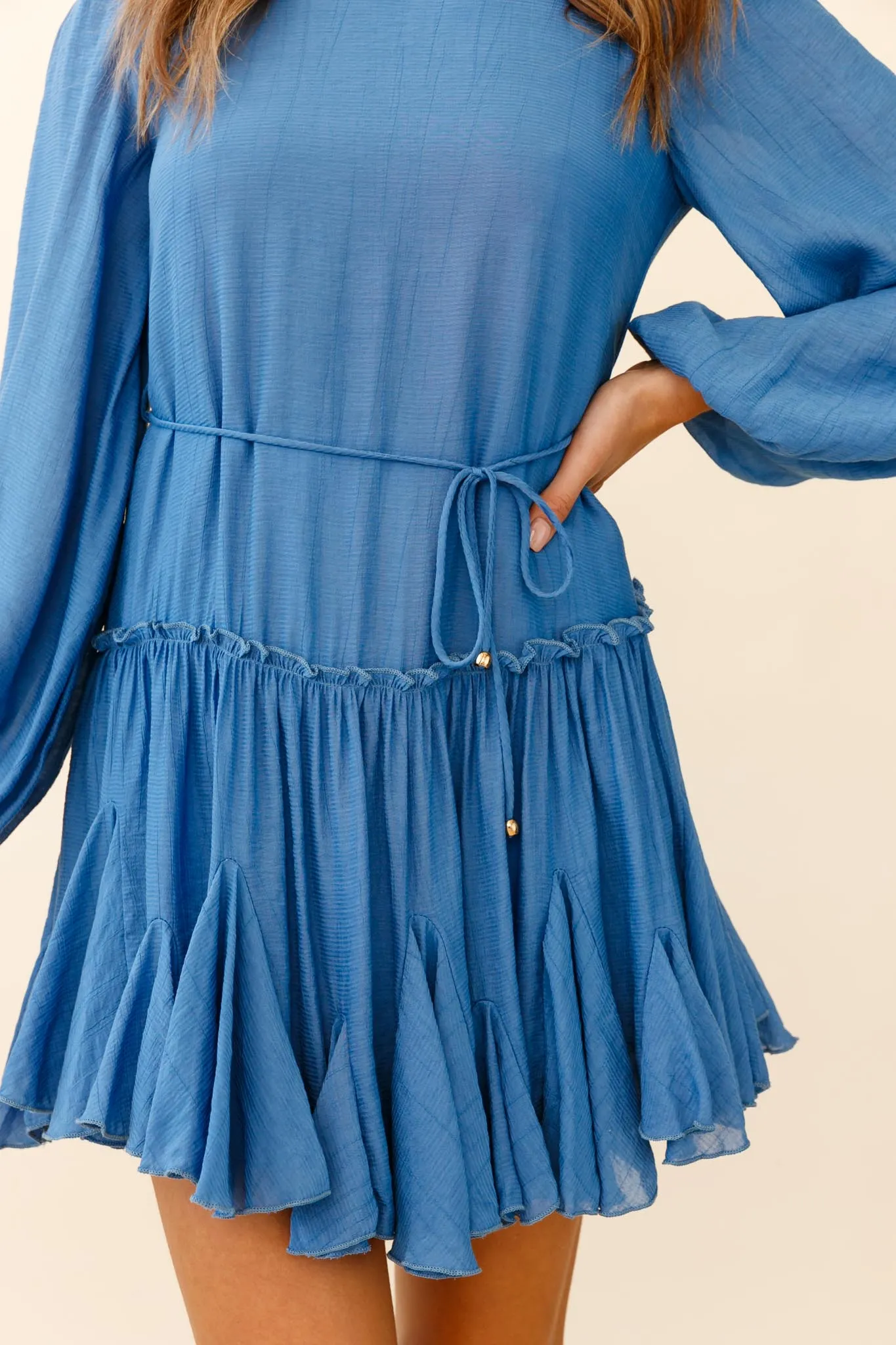 Rosabel Balloon Sleeve Fluted Hem Dress Denim Blue