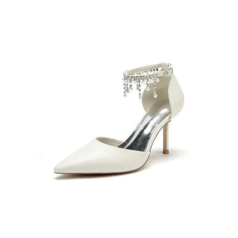 Satin Ankle Strap Pearl Beaded Satin Wedding Shoes