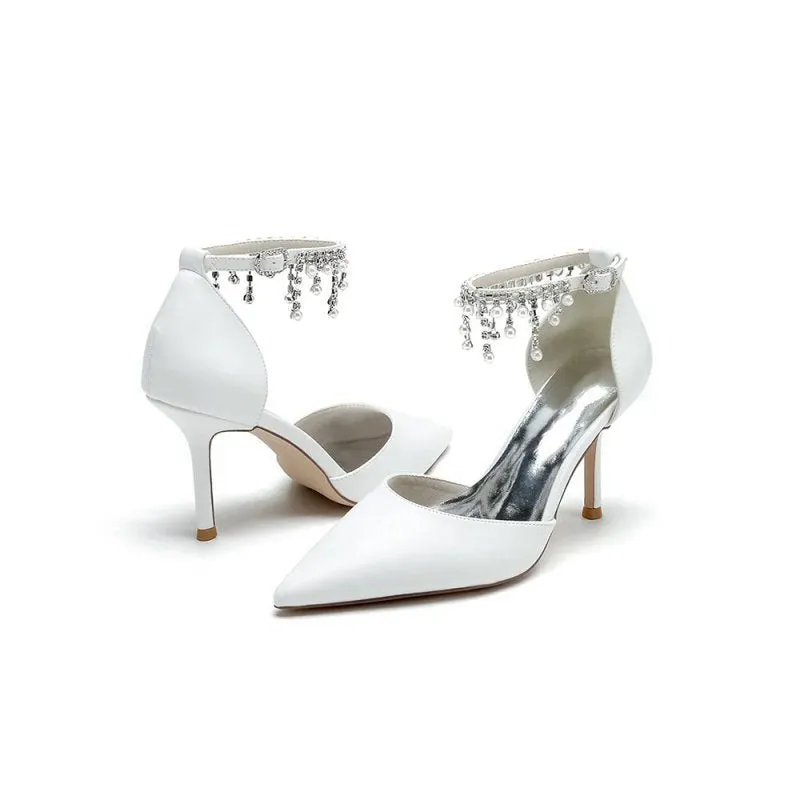 Satin Ankle Strap Pearl Beaded Satin Wedding Shoes