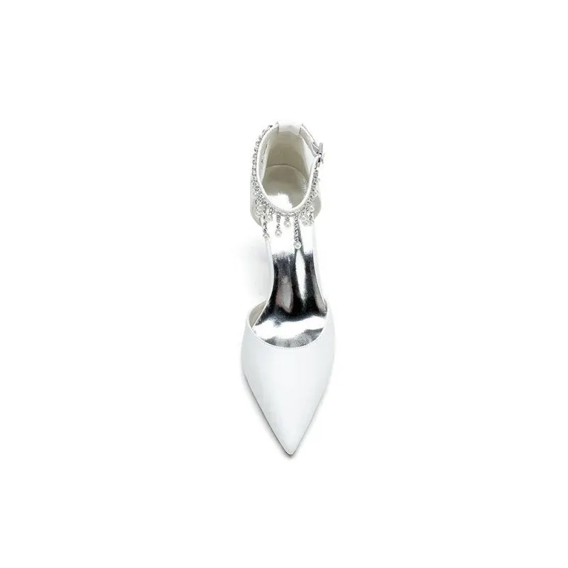 Satin Ankle Strap Pearl Beaded Satin Wedding Shoes