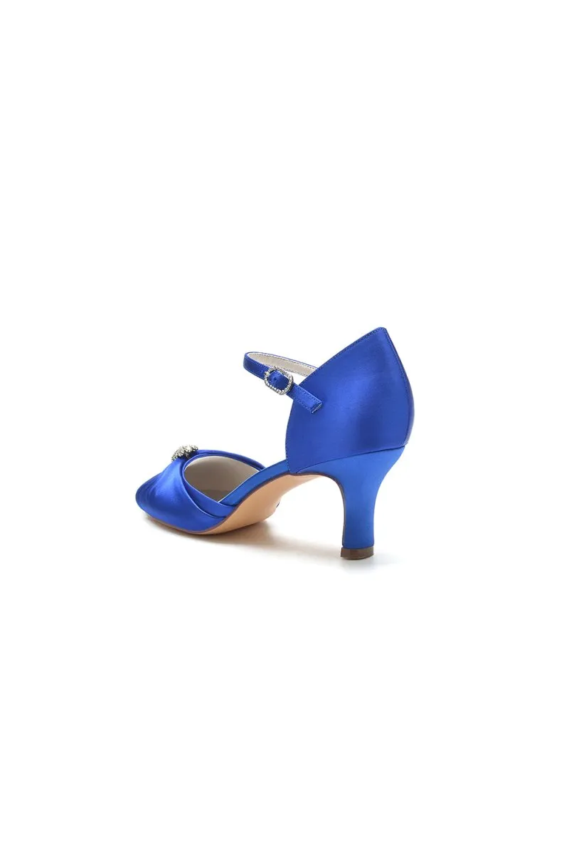 Satin Pointed Toe Strap Buckle Stiletto Heels With Rhinestone