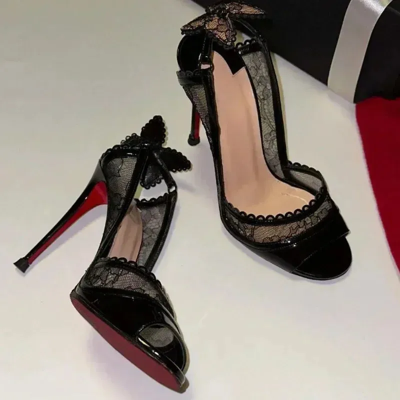 Sexy Cutout Lace Bowknot Women Pumps Summer Peep Toe Slingback Sandals