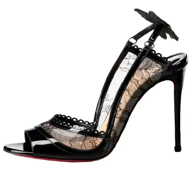 Sexy Cutout Lace Bowknot Women Pumps Summer Peep Toe Slingback Sandals
