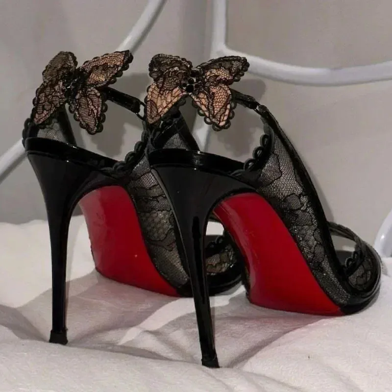 Sexy Cutout Lace Bowknot Women Pumps Summer Peep Toe Slingback Sandals