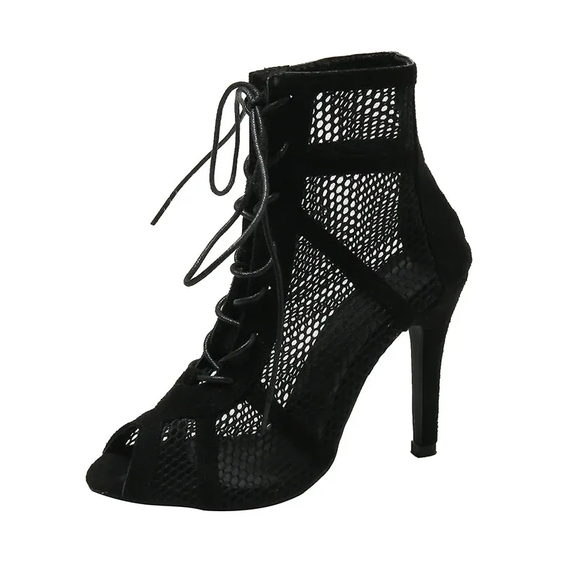 Sexy High Heels Hollow Mesh Sandals Women Summer Cross-tied Peep Toe Heeled Sandals