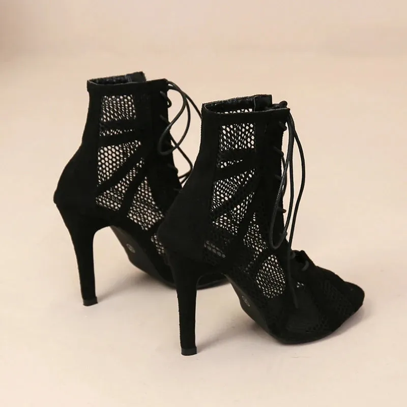 Sexy High Heels Hollow Mesh Sandals Women Summer Cross-tied Peep Toe Heeled Sandals