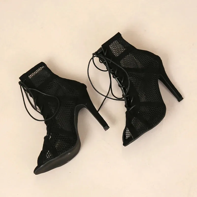 Sexy High Heels Hollow Mesh Sandals Women Summer Cross-tied Peep Toe Heeled Sandals