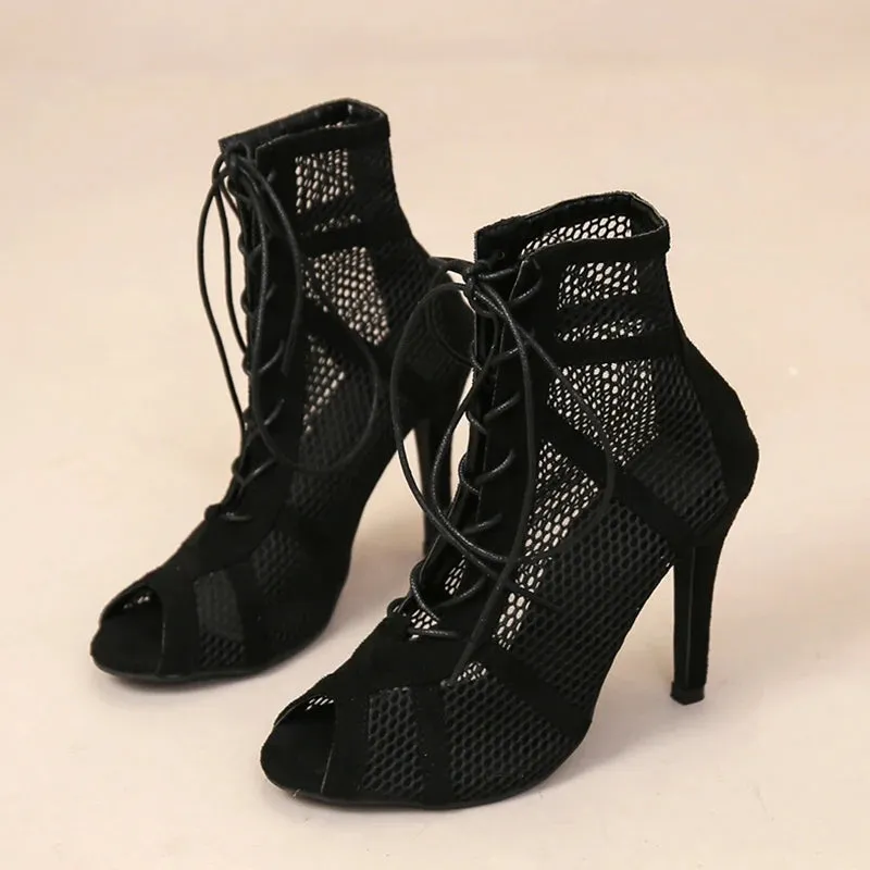 Sexy High Heels Hollow Mesh Sandals Women Summer Cross-tied Peep Toe Heeled Sandals