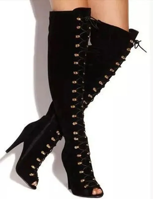 Sexy Women Multi Folk Printing Thigh High Boots High Heels Lace Up