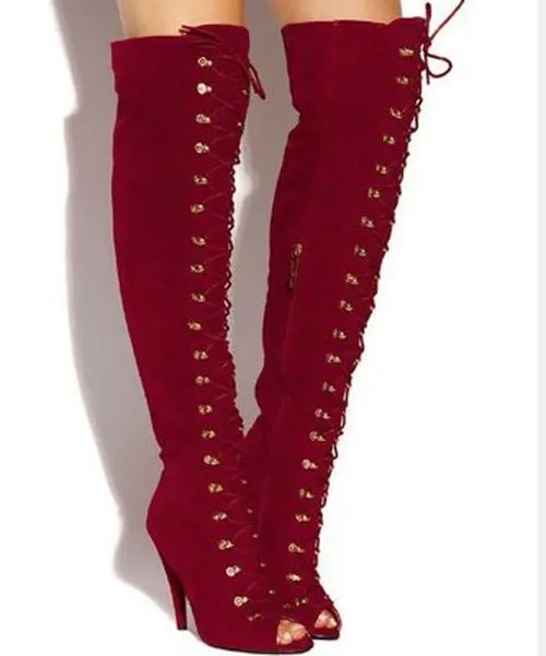 Sexy Women Multi Folk Printing Thigh High Boots High Heels Lace Up