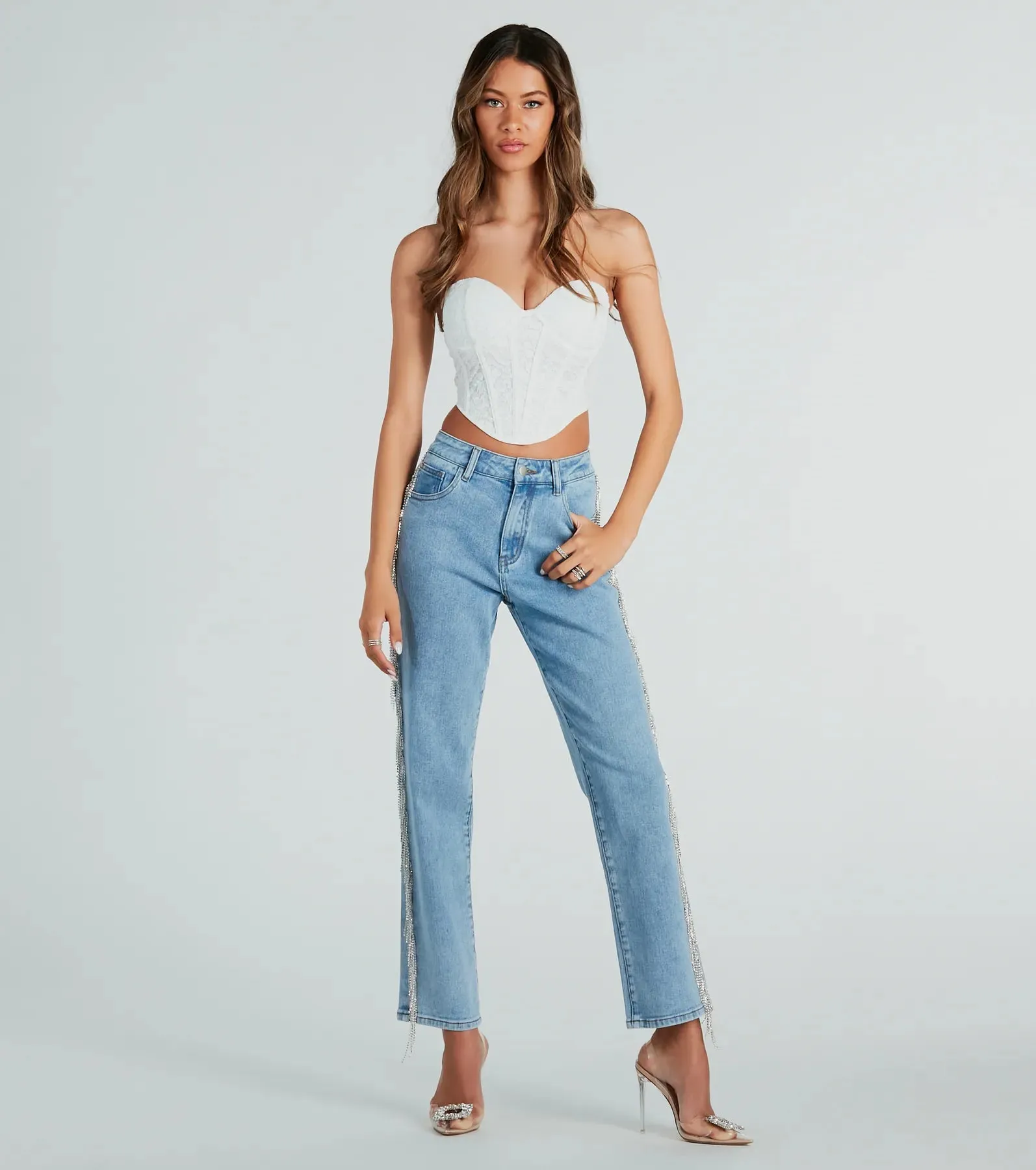 She Glistens High-Rise Rhinestone Denim Jeans