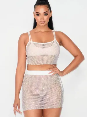 Sheer Rhinestone Fishnet Skirt Set - White -