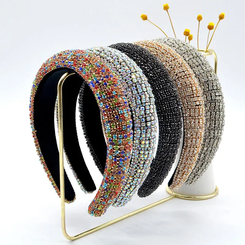 Shiny Rhinestone Headband Sparkly Crystal Wide Hairband Thick Padded Hair Hoop