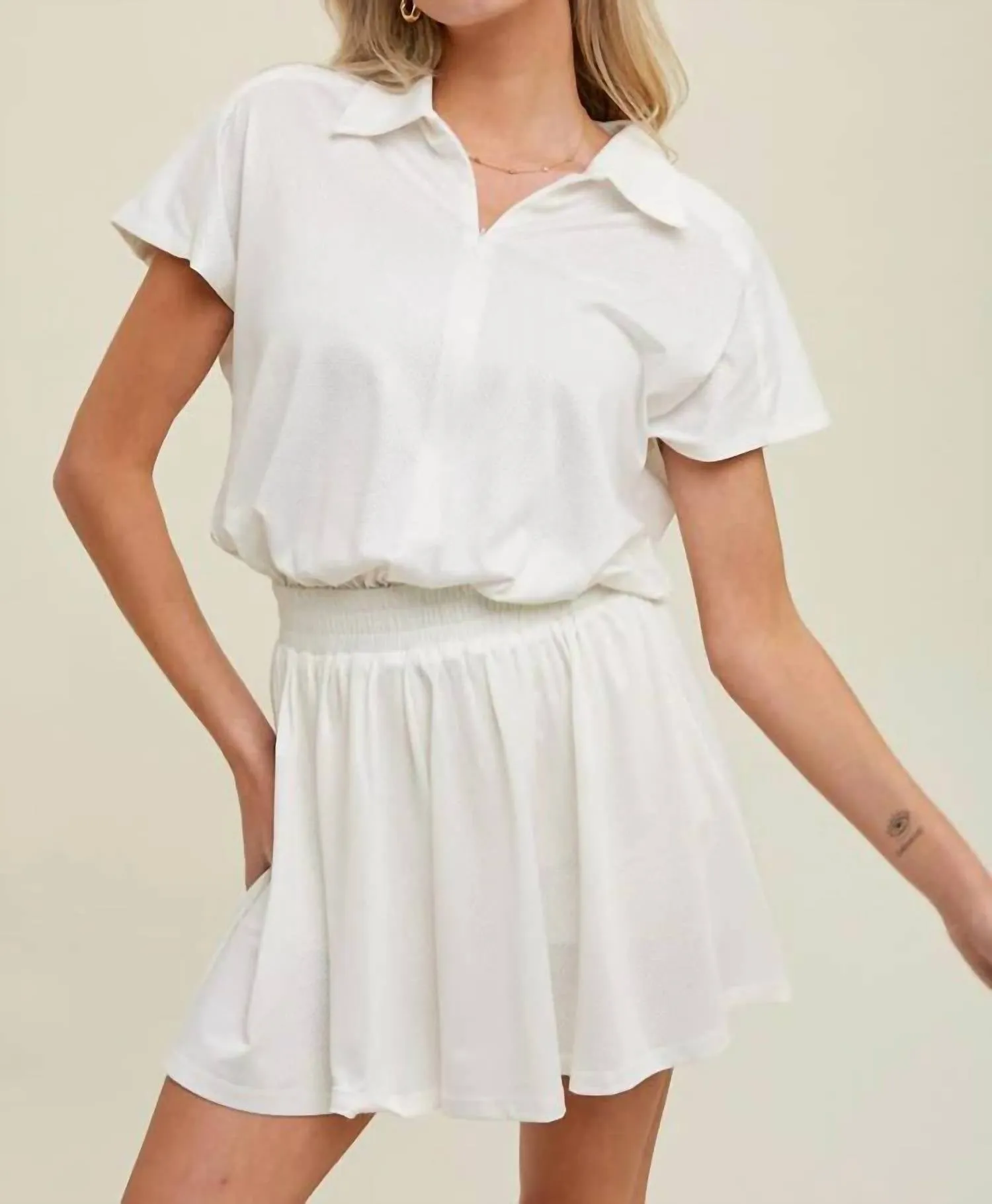 Short Sleeve Collared Athletic Romper In White