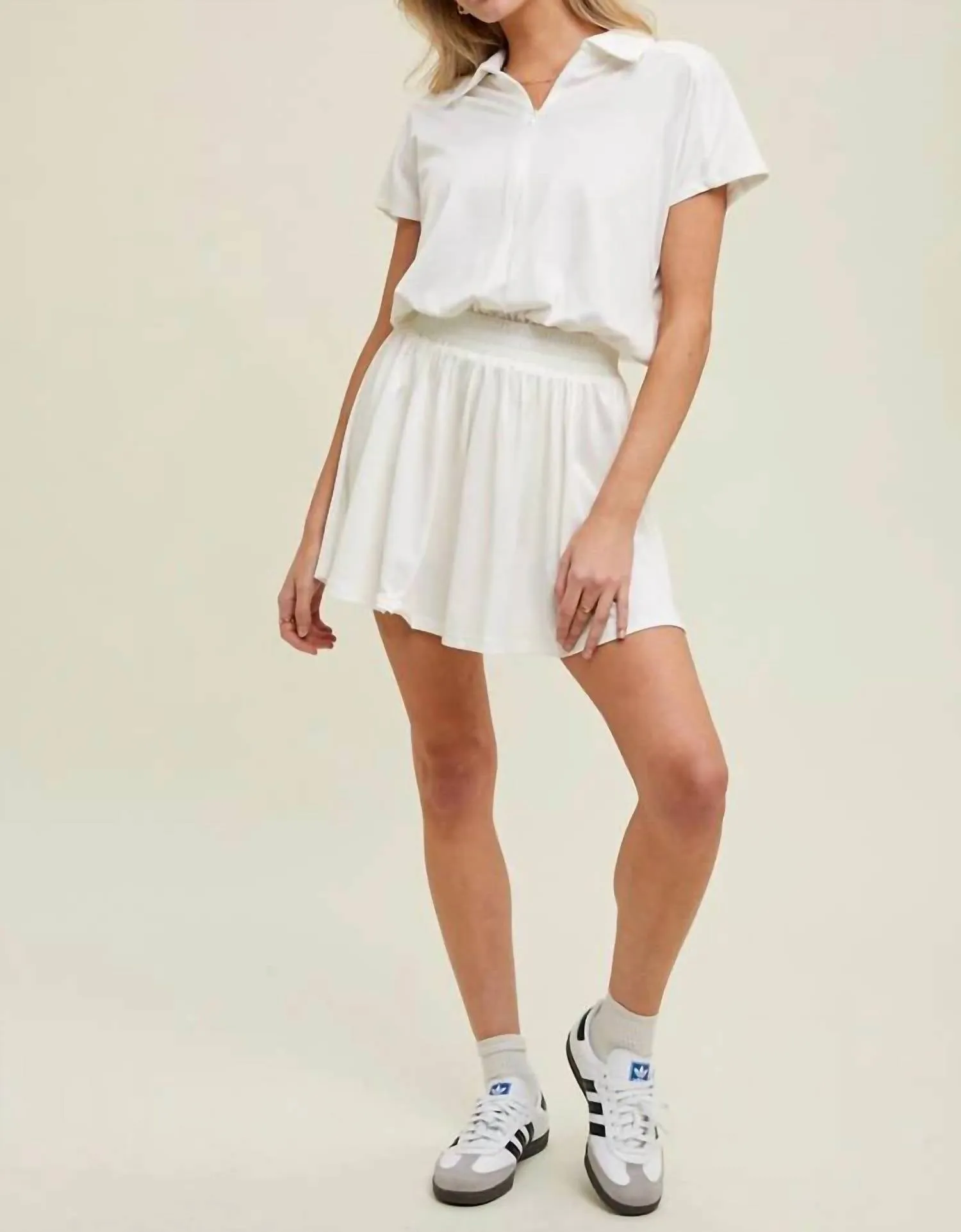 Short Sleeve Collared Athletic Romper In White