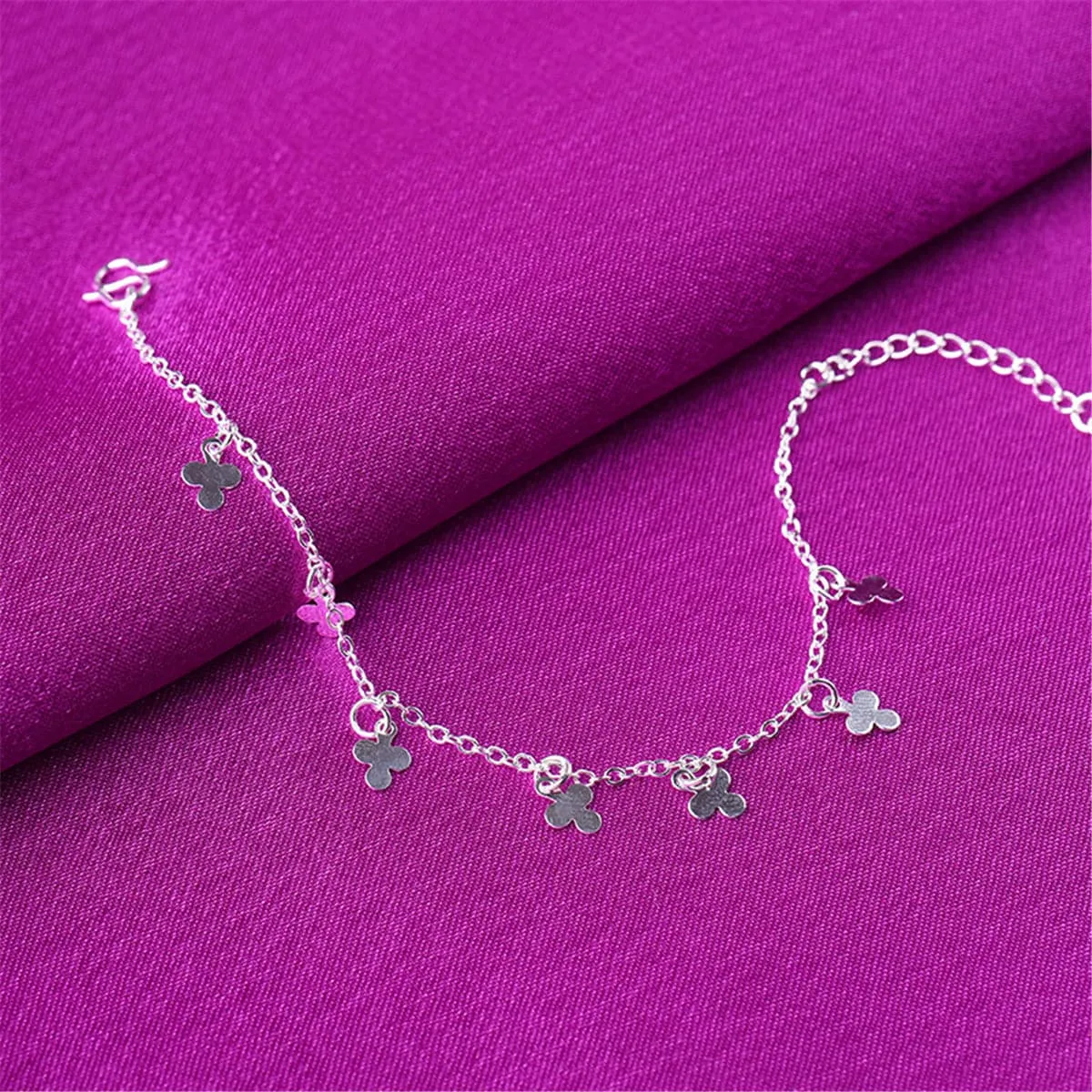 Silver-Plated Clover Charm Anklet