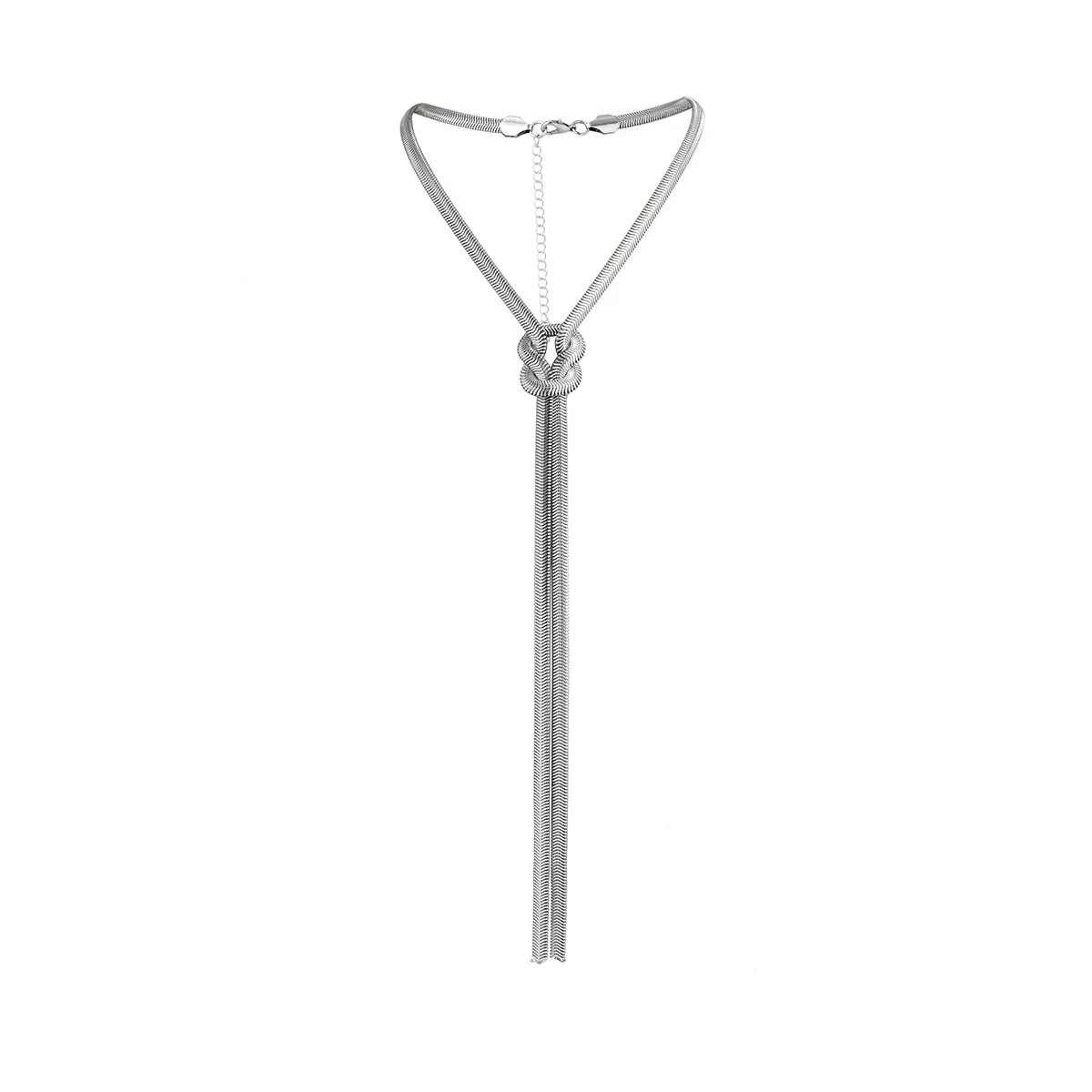 Silver-Plated Herringbone Chain Knot Lariat Necklace