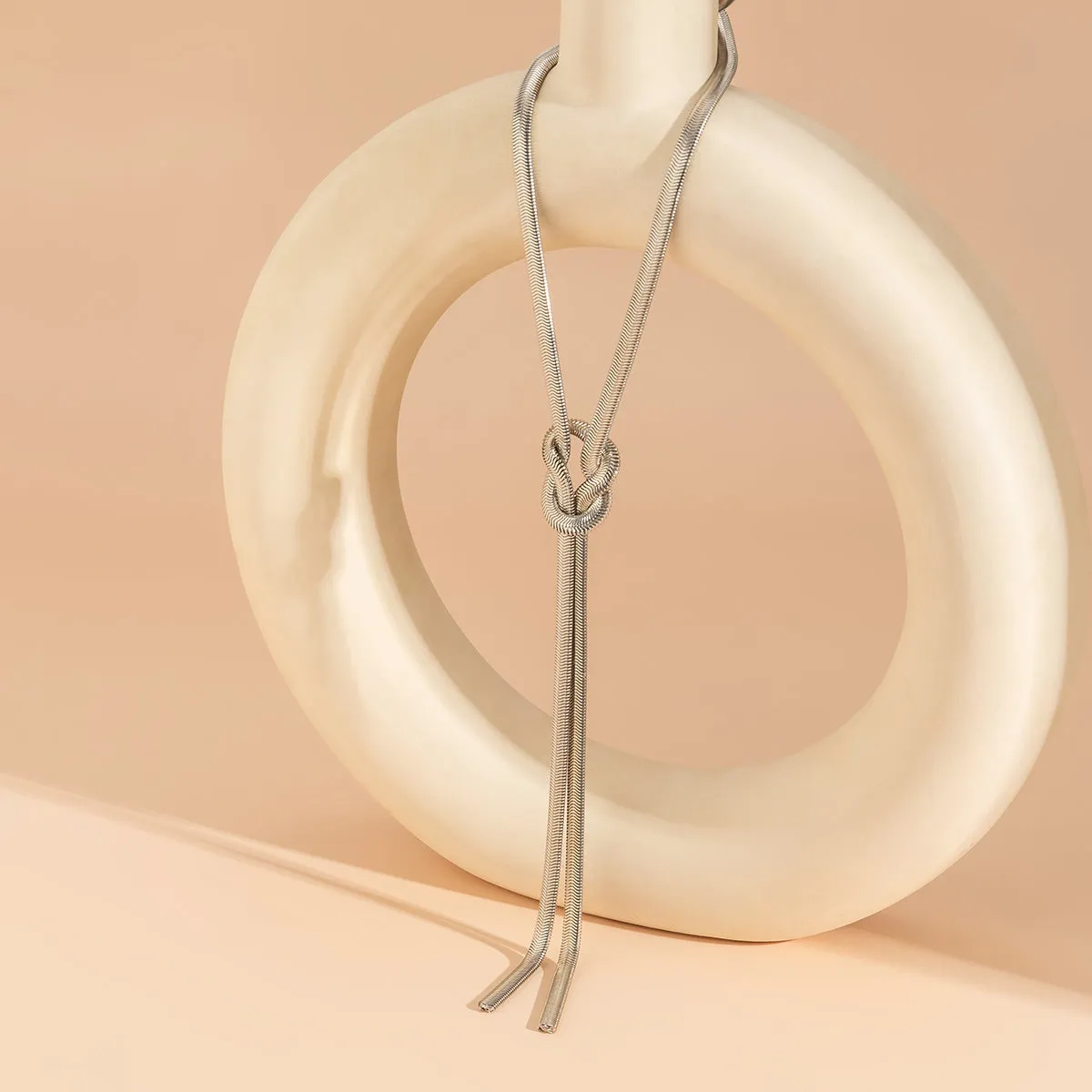 Silver-Plated Herringbone Chain Knot Lariat Necklace