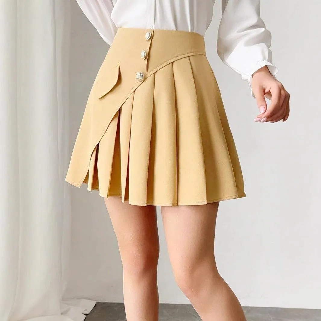 Solid Color Pleated Front Button Design, Women's Temperament Commuting A-line Skirt