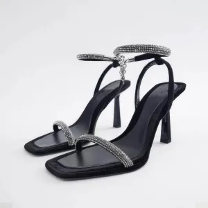 Square Toes Rhinestone Ankle Sandal Heels