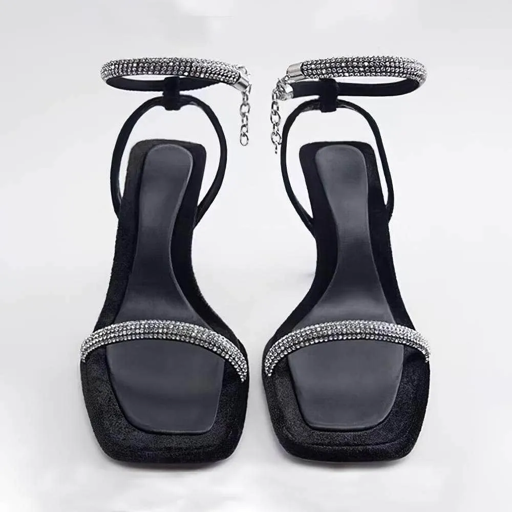 Square Toes Rhinestone Ankle Sandal Heels