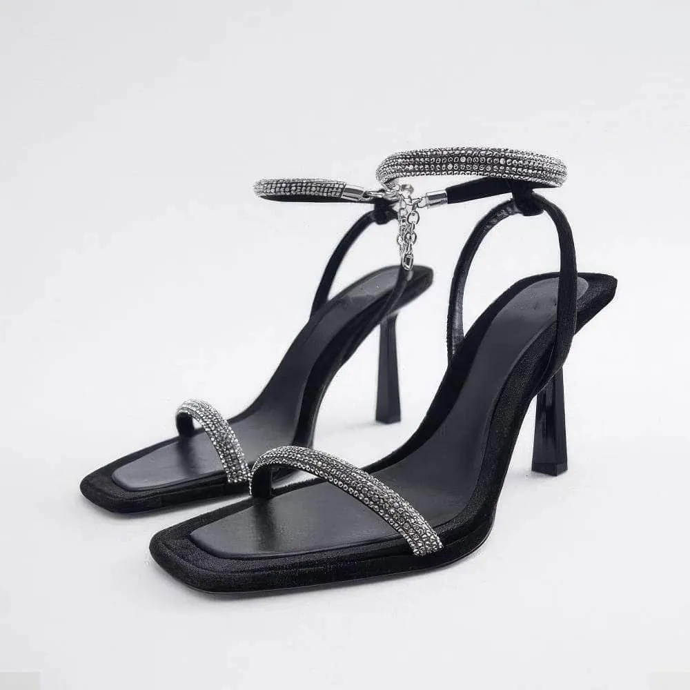 Square Toes Rhinestone Ankle Sandal Heels
