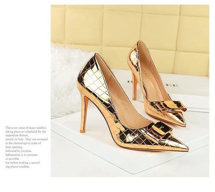 Stone Patterned Flowers Women Pumps Fashion High Heels Bow of Metal Women Shoes Stilettos Sexy Party Shoes