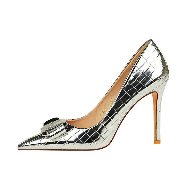 Stone Patterned Flowers Women Pumps Fashion High Heels Bow of Metal Women Shoes Stilettos Sexy Party Shoes