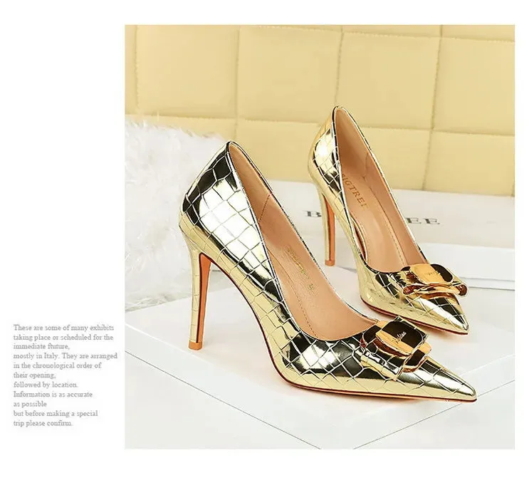Stone Patterned Flowers Women Pumps Fashion High Heels Bow of Metal Women Shoes Stilettos Sexy Party Shoes