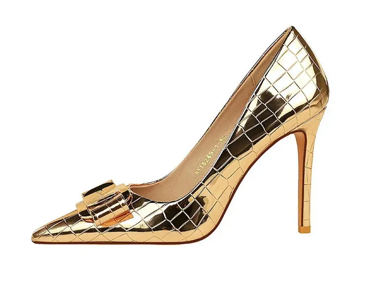 Stone Patterned Flowers Women Pumps Fashion High Heels Bow of Metal Women Shoes Stilettos Sexy Party Shoes