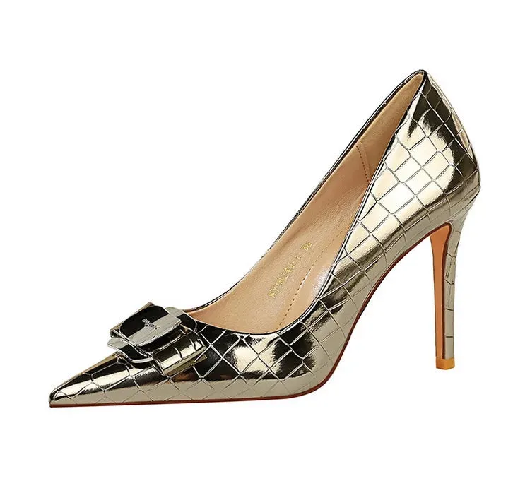 Stone Patterned Flowers Women Pumps Fashion High Heels Bow of Metal Women Shoes Stilettos Sexy Party Shoes