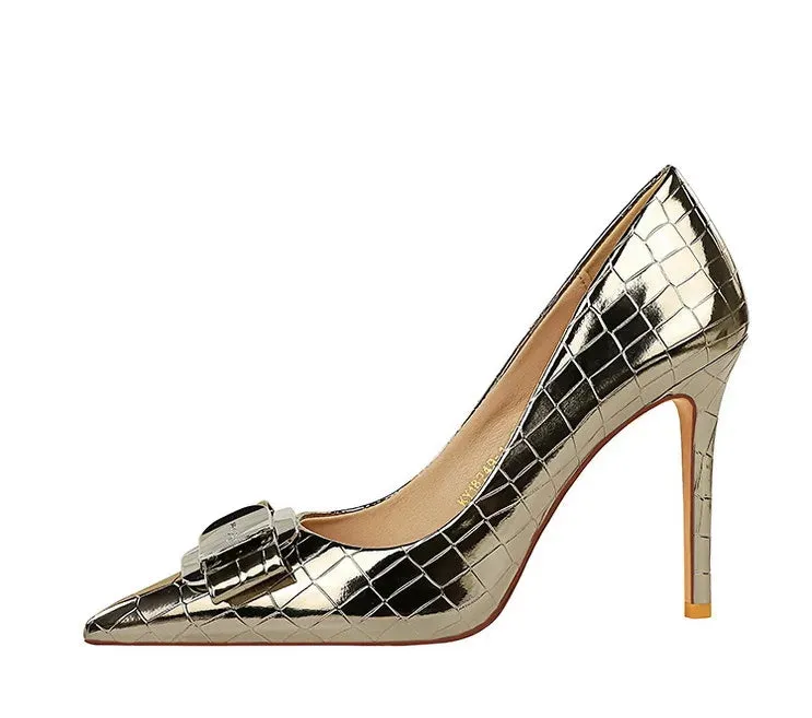 Stone Patterned Flowers Women Pumps Fashion High Heels Bow of Metal Women Shoes Stilettos Sexy Party Shoes