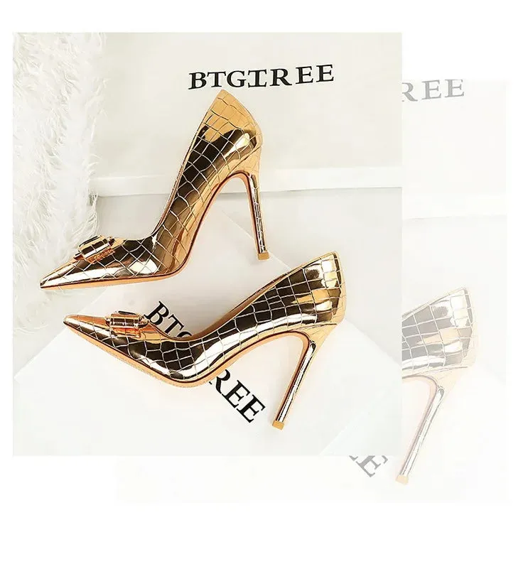Stone Patterned Flowers Women Pumps Fashion High Heels Bow of Metal Women Shoes Stilettos Sexy Party Shoes