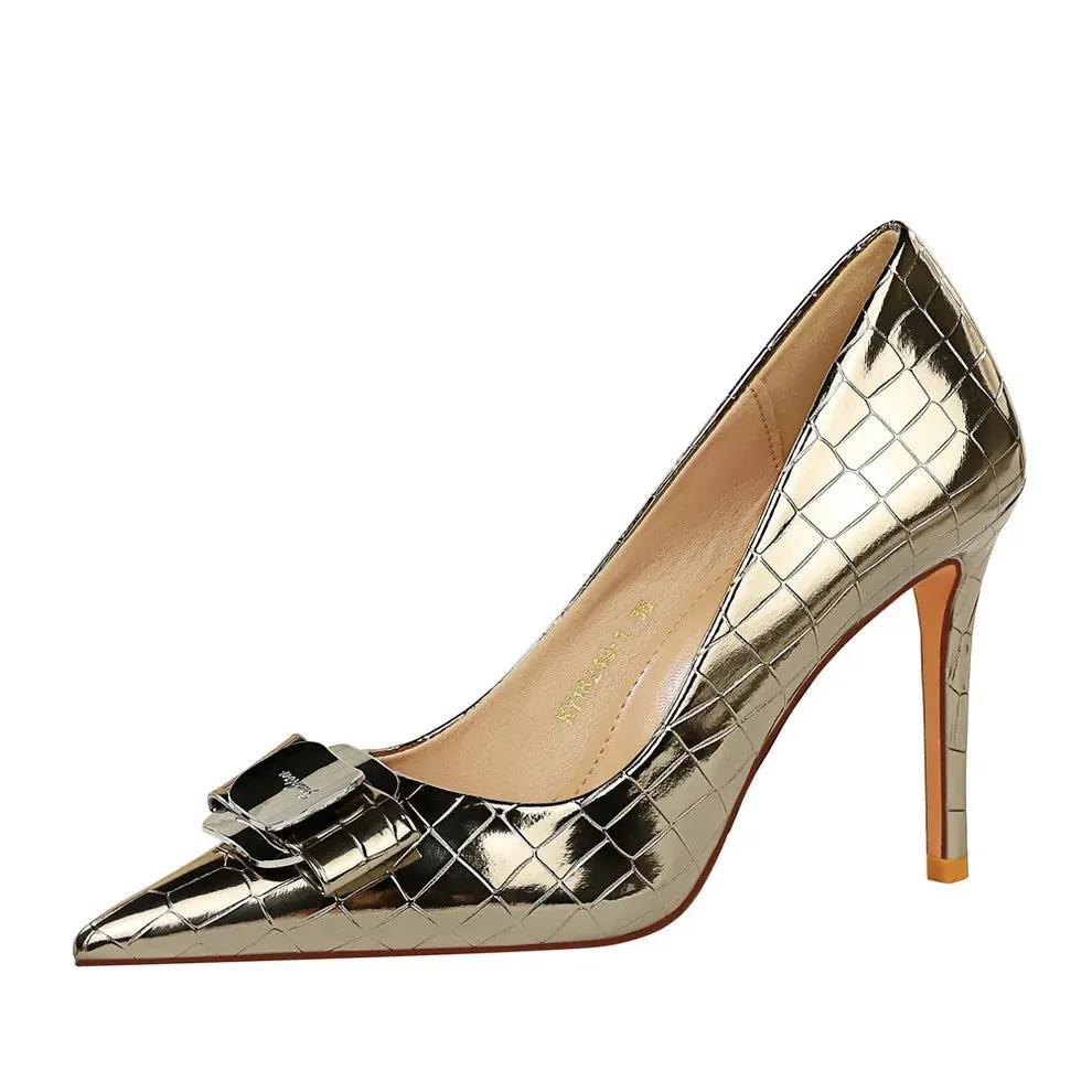 Stone Patterned Flowers Women Pumps Fashion High Heels Bow of Metal Women Shoes Stilettos Sexy Party Shoes