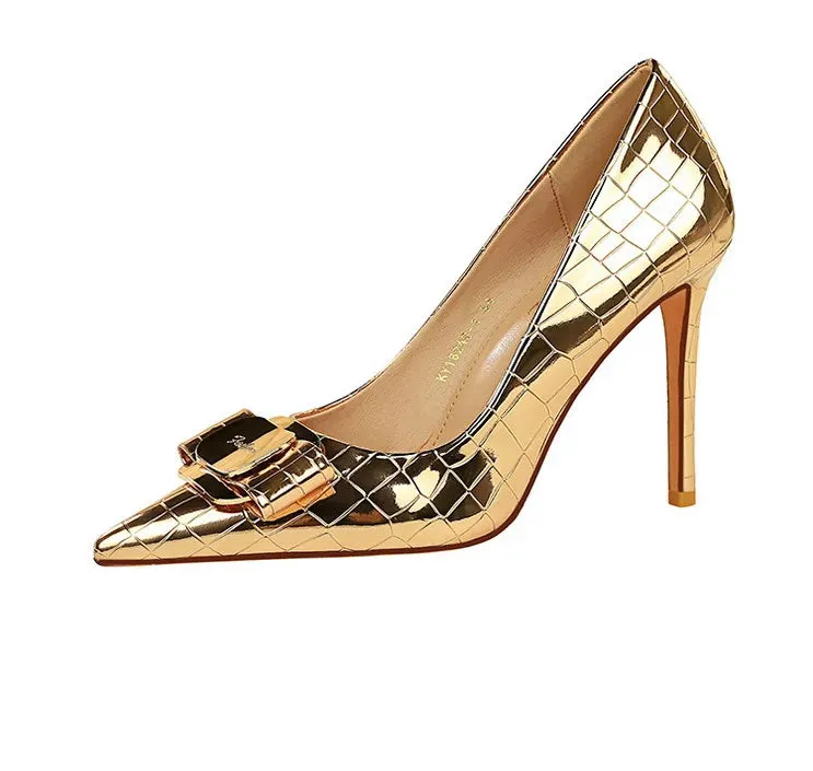 Stone Patterned Flowers Women Pumps Fashion High Heels Bow of Metal Women Shoes Stilettos Sexy Party Shoes