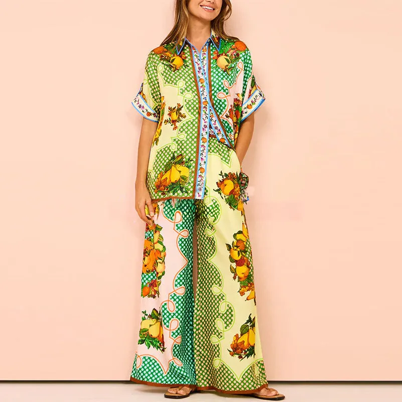 STOREXQ 2025 women's clothing New new independent station temperament commuter printing color matching short-sleeved shirt wide-leg pants fashion suit