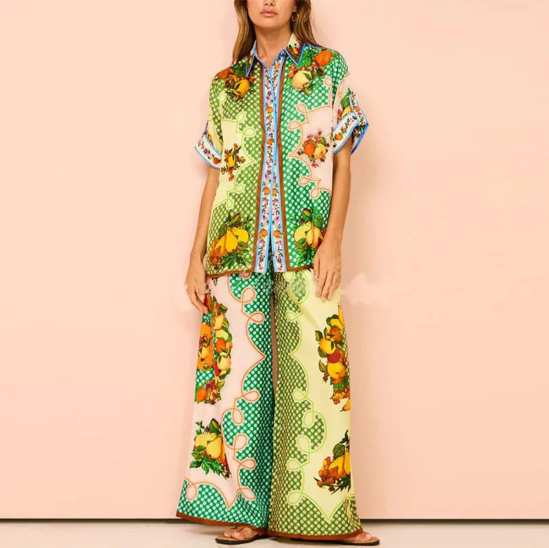 STOREXQ 2025 women's clothing New new independent station temperament commuter printing color matching short-sleeved shirt wide-leg pants fashion suit