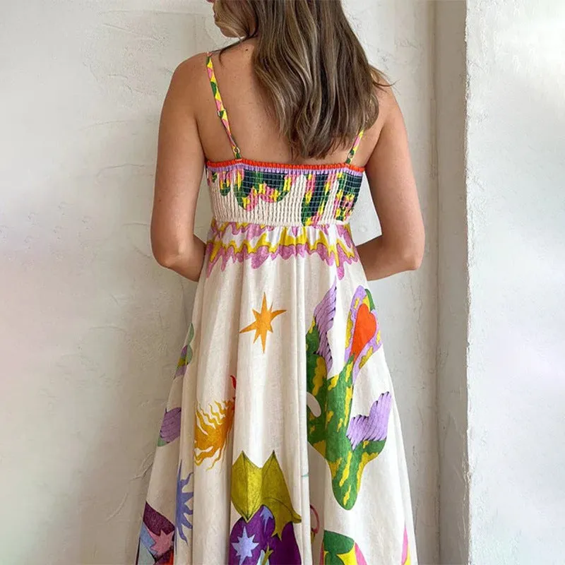 STOREXQ New  autumn 2025 women's clothing new temperament elegant printing fashion suspender skirt big swing dress