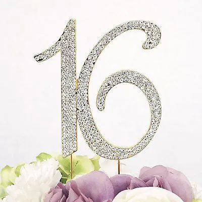 Sweet 16 Gold Crystal Rhinestone Cake Topper Birthday Party Favor Bling Decor