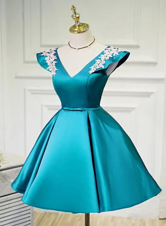 Teal Blue Satin Short Party Dress with White Lace, Blue Homecoming Dress Prom Dress