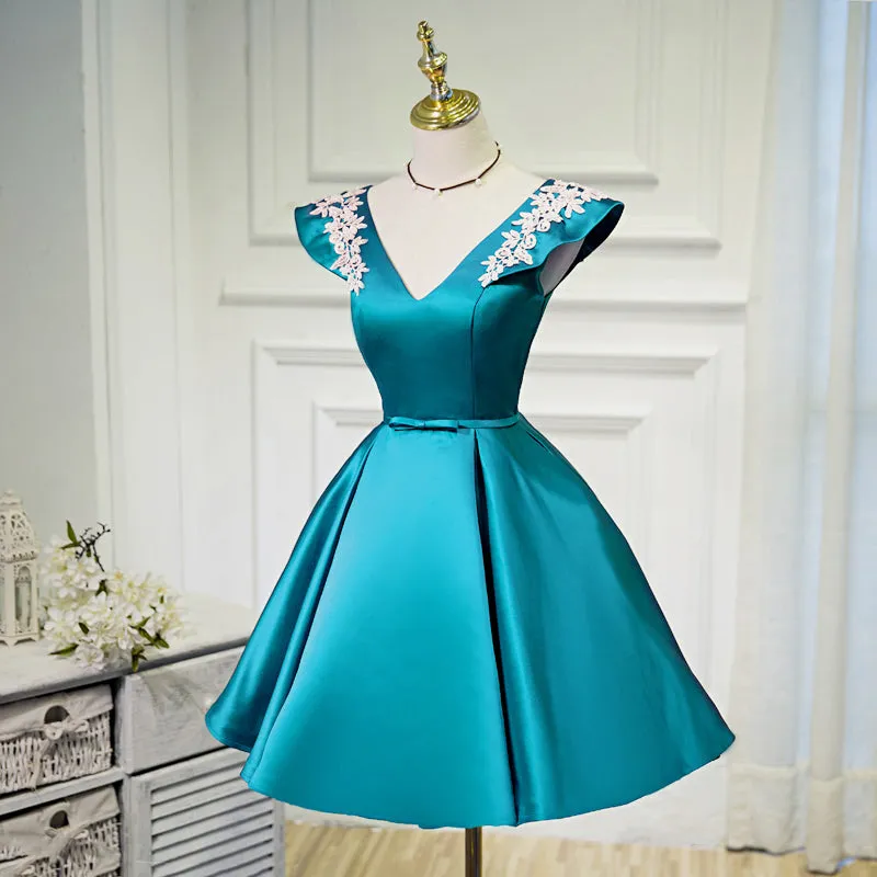 Teal Blue Satin Short Party Dress with White Lace, Blue Homecoming Dress Prom Dress